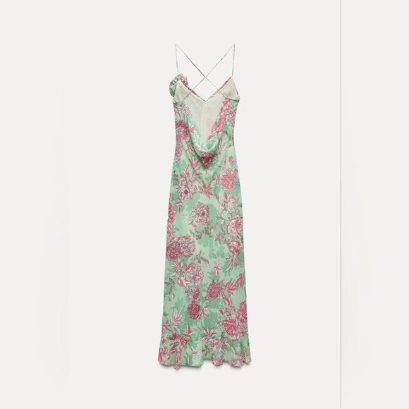 NWT ZARA FLORAL PRINT SLIP DRESS GREEN AND PINK - Picture 16 of 16